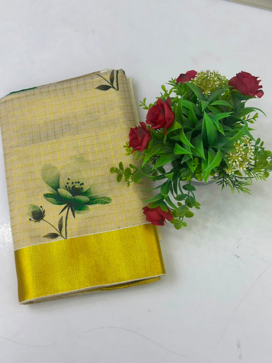 Kerala Kasavu Saree with Green Floral Print