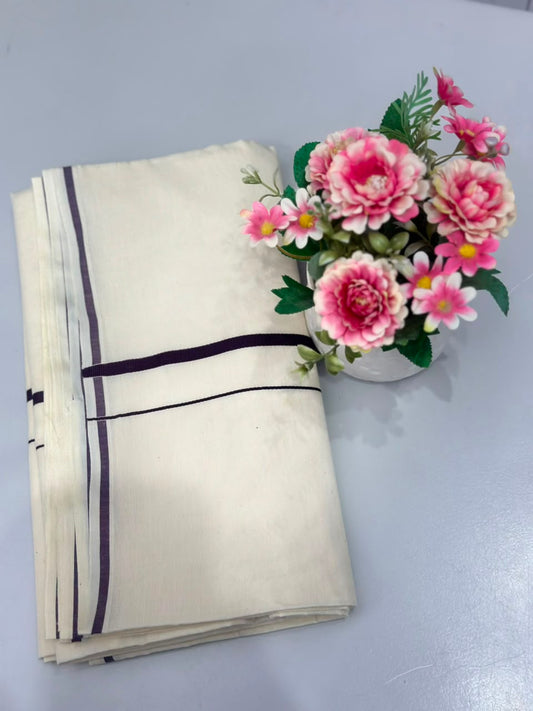 Kerala Kasavu Saree – Off-White with Purple Stripe Border
