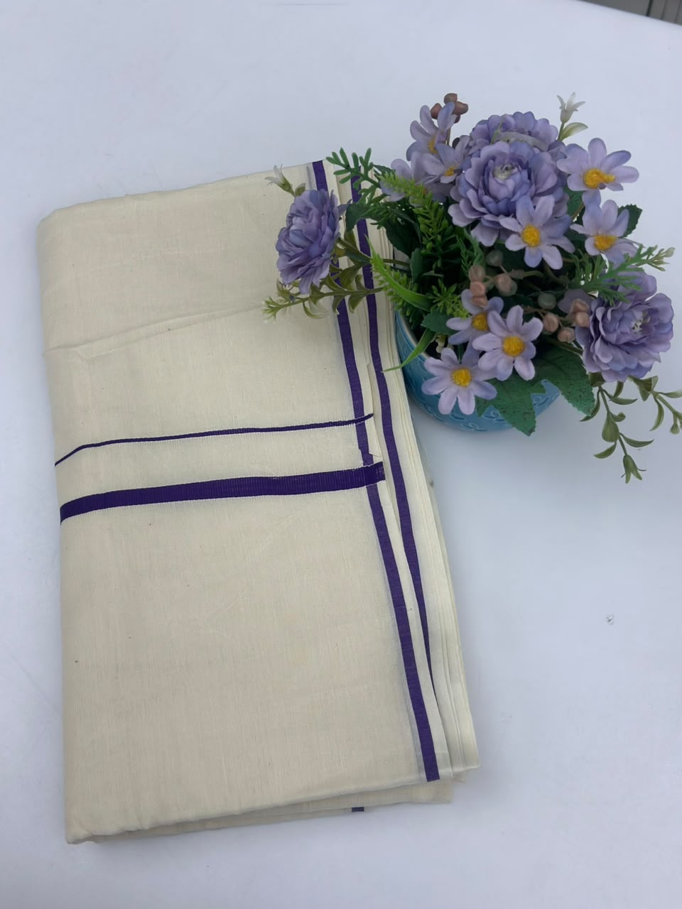 Kerala Saree – Off-White with Violet Border