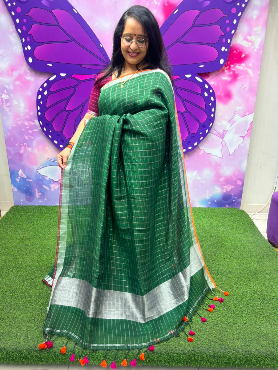 Premium Linen Saree Bottle Green