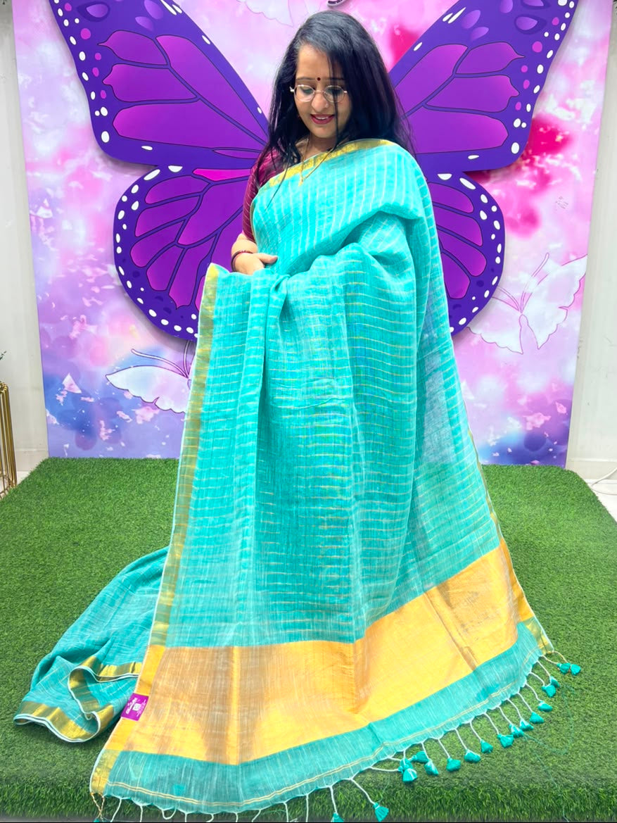 Premium Linen Saree Aqua Blue