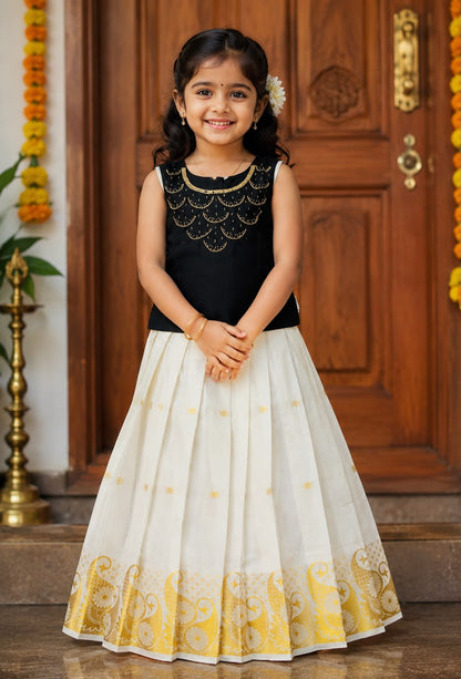 Kids Premium Onam Pattu Pavada Set