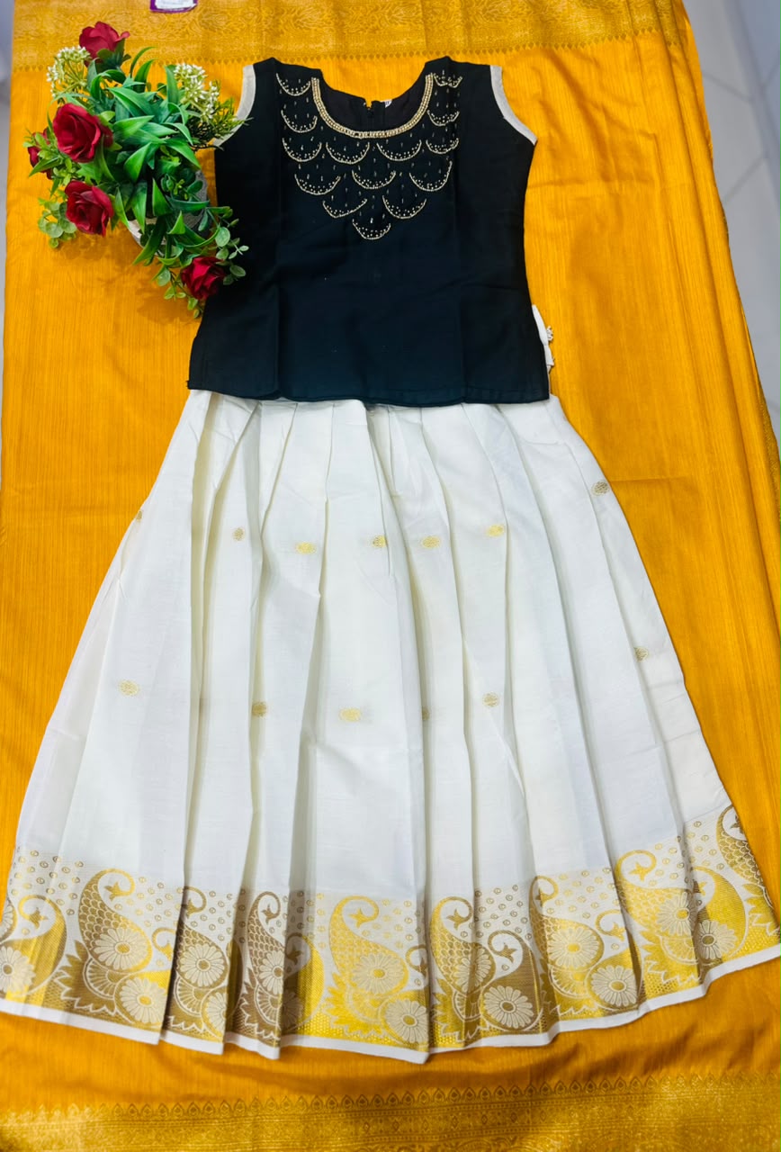 Kids Premium Onam Pattu Pavada Set