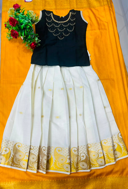 Kids Premium Onam Pattu Pavada Set