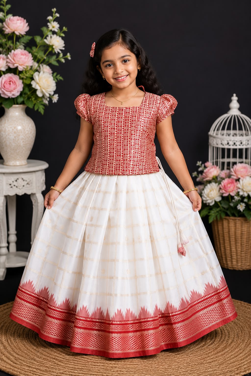 Premium Kids Kerala Pattu Pavada red