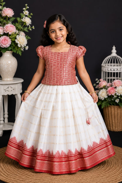 Premium Kids Kerala Pattu Pavada red