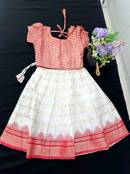 Premium Kids Kerala Pattu Pavada red